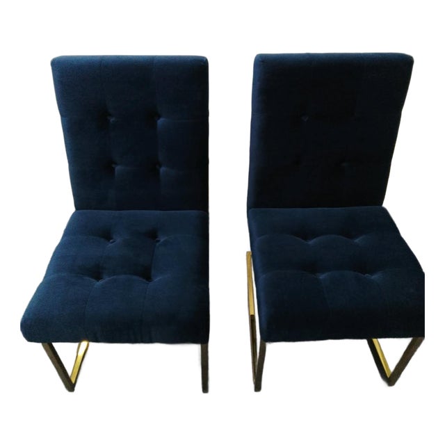 Jonathan Adler Pair of Goldfinger Dining Chairs in Rialto Navy For Sale