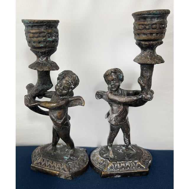 1970s Pair Vintage Maitland-Smith Cast Bronze Cherub Candlestick Holders For Sale - Image 5 of 8