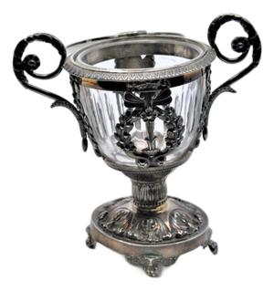 Glass Compote Dish with Embossed Silver Structure and Removable Lid