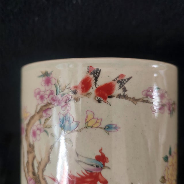 Ceramic Chinese Ceramic Pot,Tongzhi Marked Famille Rose Porcelain Brush Pot Hand Painted Phoenix and Birds Pattern For Sale - Image 7 of 11