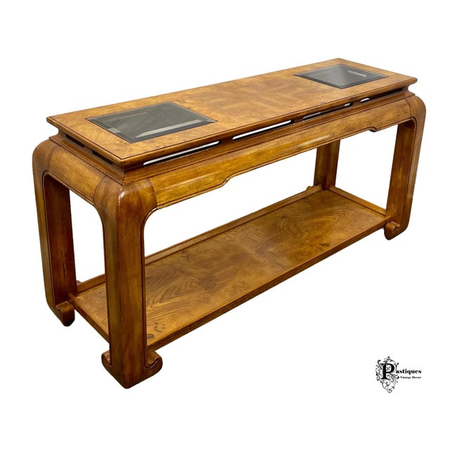 Vintage Chinoiserie Style Oak & Burl Wood Beveled Glass Top Console