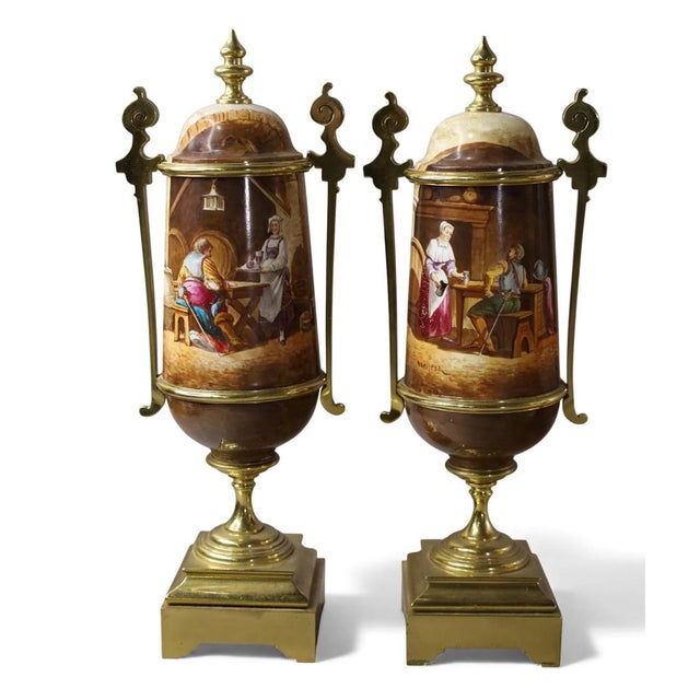 Antique 19c French Enamel Mantel Clock Set W Bronze Mounted Garnitures by Renowned Sevres Artist H. Desprez. The clock is...
