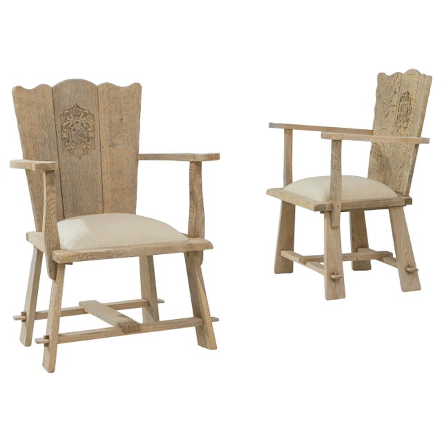 1970s French Carved Oak Armchairs With Upholstered Seats - A Pair For Sale - Image 15 of 18