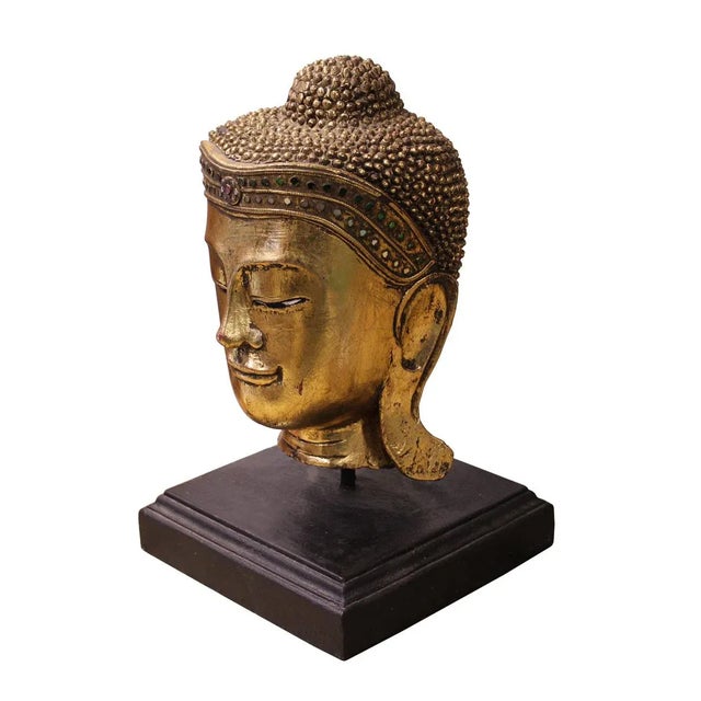 Handcrafted Gold Wood Serene Peaceful Buddha Head On Stand For Sale - Image 4 of 5
