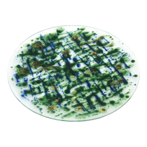 Mid Century Modern Signed Higgins Fused Glass Round Charger Plate With Gold and Hanging Man Blue Green and Gold