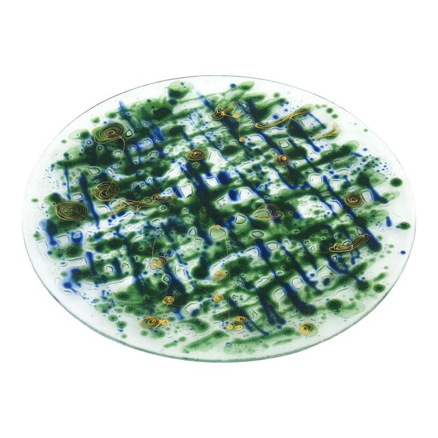 Vintage Mid Century Modern Signed Higgins Fused Glass Round Charger Plate With Gold and Hanging Man Blue Green and Gold For Sale