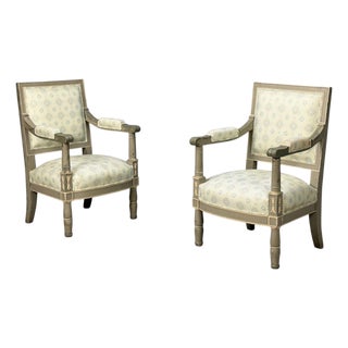 Gustavian, Lounge Chairs, Grey Paint Decorated, Fabric, Sweden, 19th C. For Sale