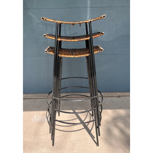 Set of Three Attributed to Arthur Umanoff Crescent Bar Stools — Iron & Wicker, C. 1960s For Sale In Denver - Image 6 of 6