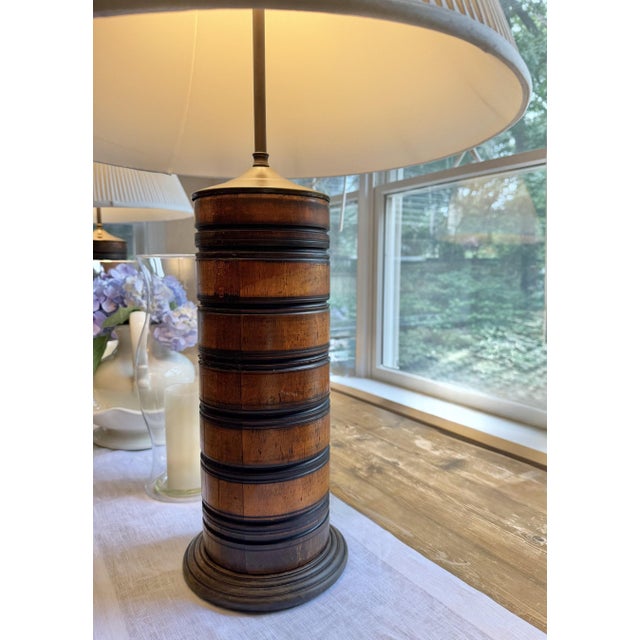 Wood Turned Wood Barrel Form Table Lamps With Shades, Set of 2 For Sale - Image 7 of 18