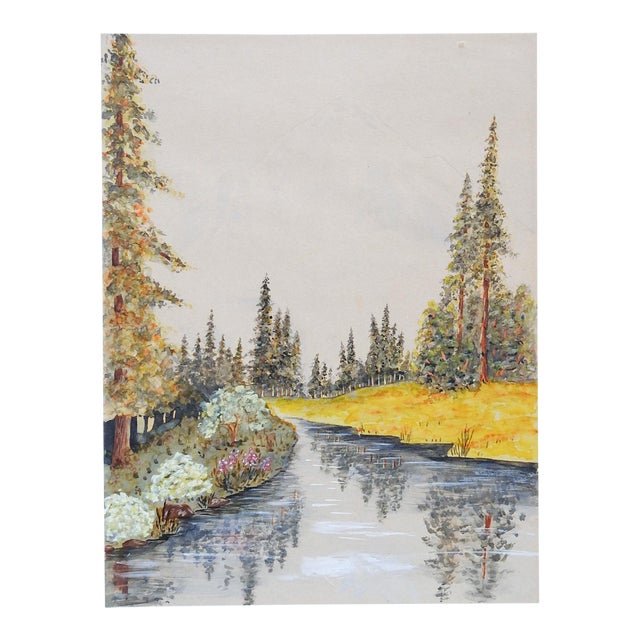 Riverside Evergreens Watercolor Painting For Sale