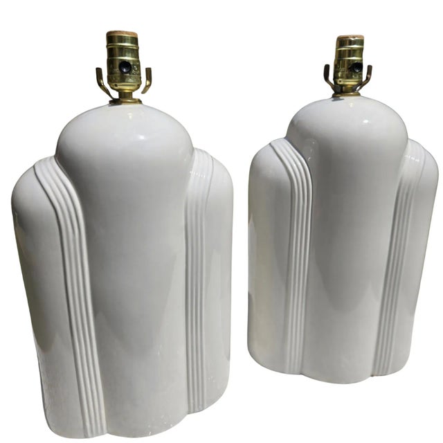 Mid-Century Modern Art Deco Cream Table Lamps - A Pair For Sale - Image 3 of 18