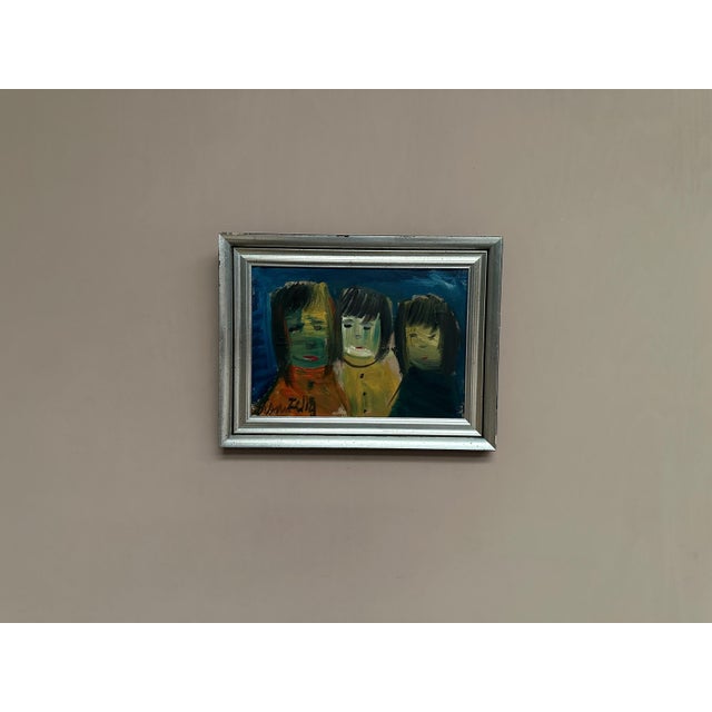 Original Vintage Scandinavian Oil on Panel – “Tre små barn” by Louis Zelig – Signed – Framed – 36 × 27 cm (14.2" × 10.6")...
