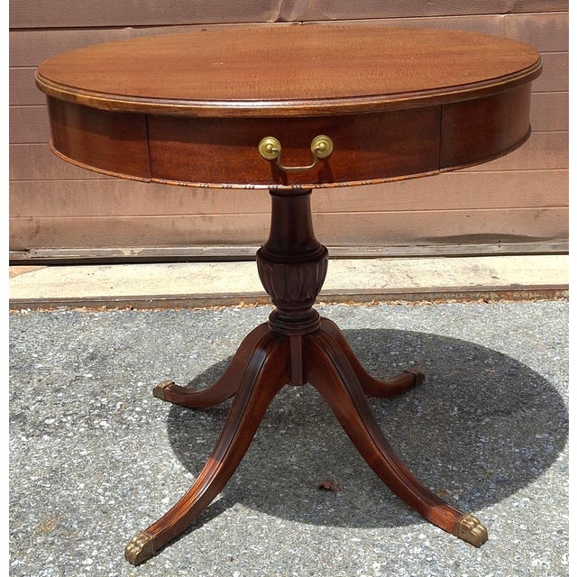 Wood 1940s Georgian-Style Mahogany Drum Table With a Single Drawer and Brass Hardware For Sale - Image 7 of 9