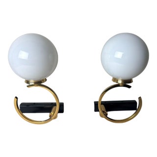 Mid 20th Century Maison Lunel Style Pair of French Modernist Brass and Opaline Glass Sconces - a Pair For Sale