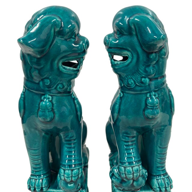 Ceramic Vintage Chinese Porcelain Green Foo Dog Figurines - A Pair For Sale - Image 7 of 13