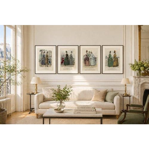 Set of 4 French Fashion Prints, Hand-Colored, Parisian Ladies & Children A refined and highly decorative set of four...