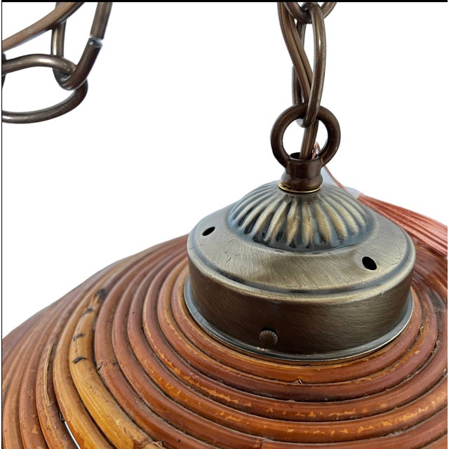 Wood Mid 19th Century Italian Pencil Reed Rattan & Burnished Brass Dome Pendant, C. 1960 For Sale - Image 7 of 11