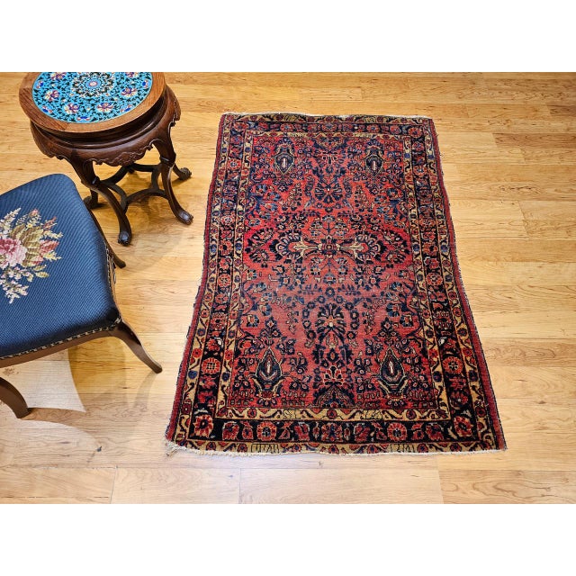 1900 - 1909 Vintage Persian Sarouk Area Rug, Hand-Knotted Wool, Allover Floral Pattern, 3x5, Red& Navy For Sale - Image 5 of 14