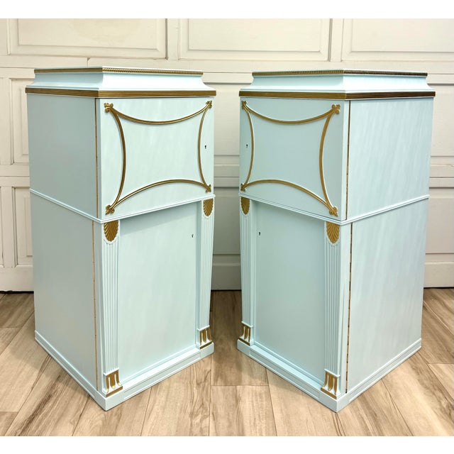 Pair of Antique Neoclassical Pedestal Cabinets in Robin’s Egg Blue With Gilt Trim, Refinished For Sale - Image 9 of 17