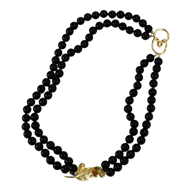 Mid 20th Century Tiffany & Co. Onyx Beads 18k Yellow Gold Oak Leaf Enhancer Necklace For Sale