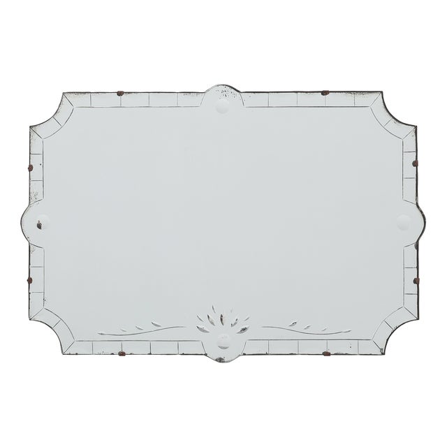 French Venetian Style Frameless Mirror with Bevelled Border and Engraved Floral Motif, 1920 For Sale