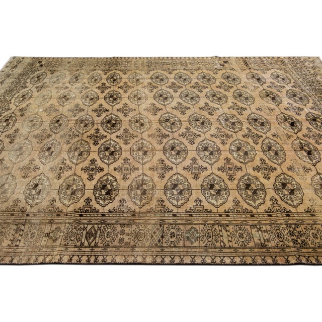 Antique Turkmen Handmade Geometric Pattern Beige Wool Rug For Sale In New York - Image 6 of 11
