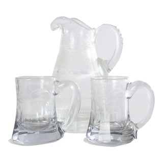 Antique Etched Glass Ground Bottom Pitcher and Two Mugs For Sale