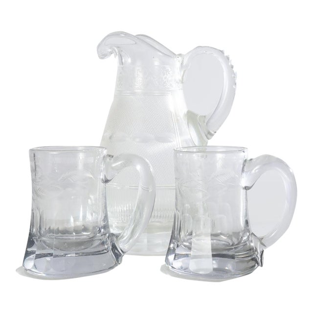 Antique Etched Glass Ground Bottom Pitcher and Two Mugs For Sale