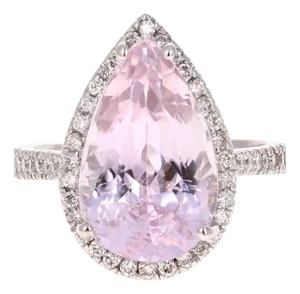 Kunzite Halo Diamond White Gold Engagement Ring, Size 7