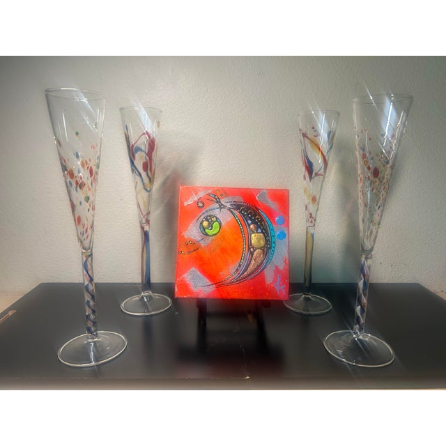 Late 20th Century Late 20th Century Hand Blown Art Glass Champagne Flutes - Colorful Confetti & Swirl Stem - Modern Decorative - Set of 4 For Sale - Image 5 of 5