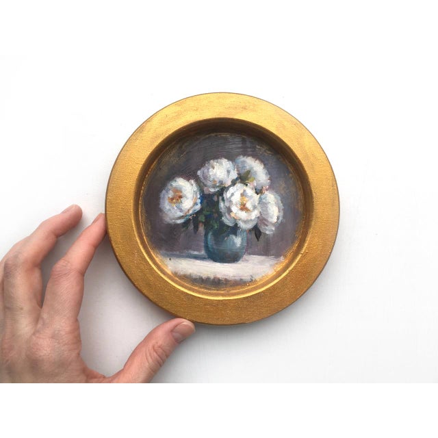 White Framed Original Floral White Peonies Painting Round Wall Decor by Valeriya Serova For Sale - Image 8 of 9
