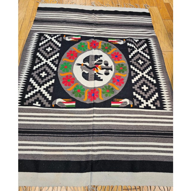 Vintage Mexican Serape Kilim Rug, Flat-Woven Medallion Pattern, Gray & Black, 5x7 For Sale - Image 13 of 14