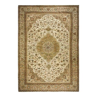 1940s Antique Classic Beige Ground Floral Medallion Tabriz Handknotted Wool Rug For Sale