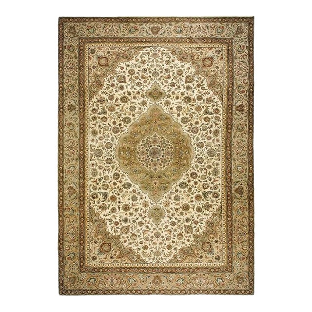 1940s Antique Classic Beige Ground Floral Medallion Tabriz Handknotted Wool Rug For Sale