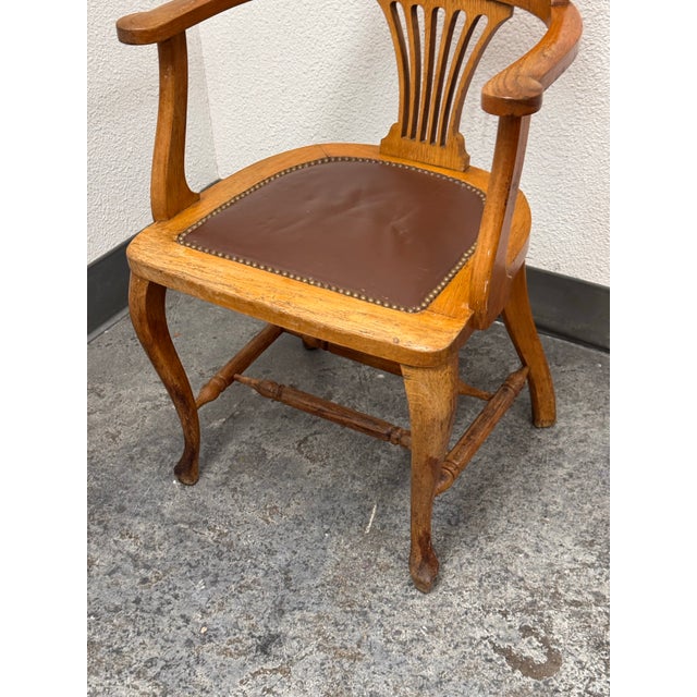 Brown Captain’s Oak + Leather Armchair, Antique For Sale - Image 8 of 9