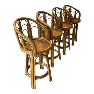 Vintage Rattan Swivel Bar Stools Set of 4 For Sale