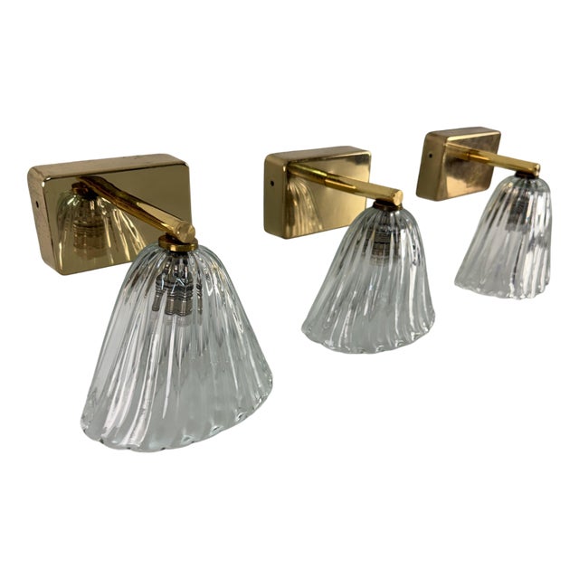 Wall Lamps in Brass and Murano Glass, 1950s, Set of 3 For Sale