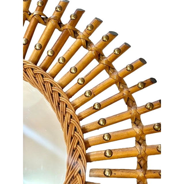 Brown Vintage Italian Rattan Bamboo Sunburst Mirror With Brass Accents For Sale - Image 8 of 14