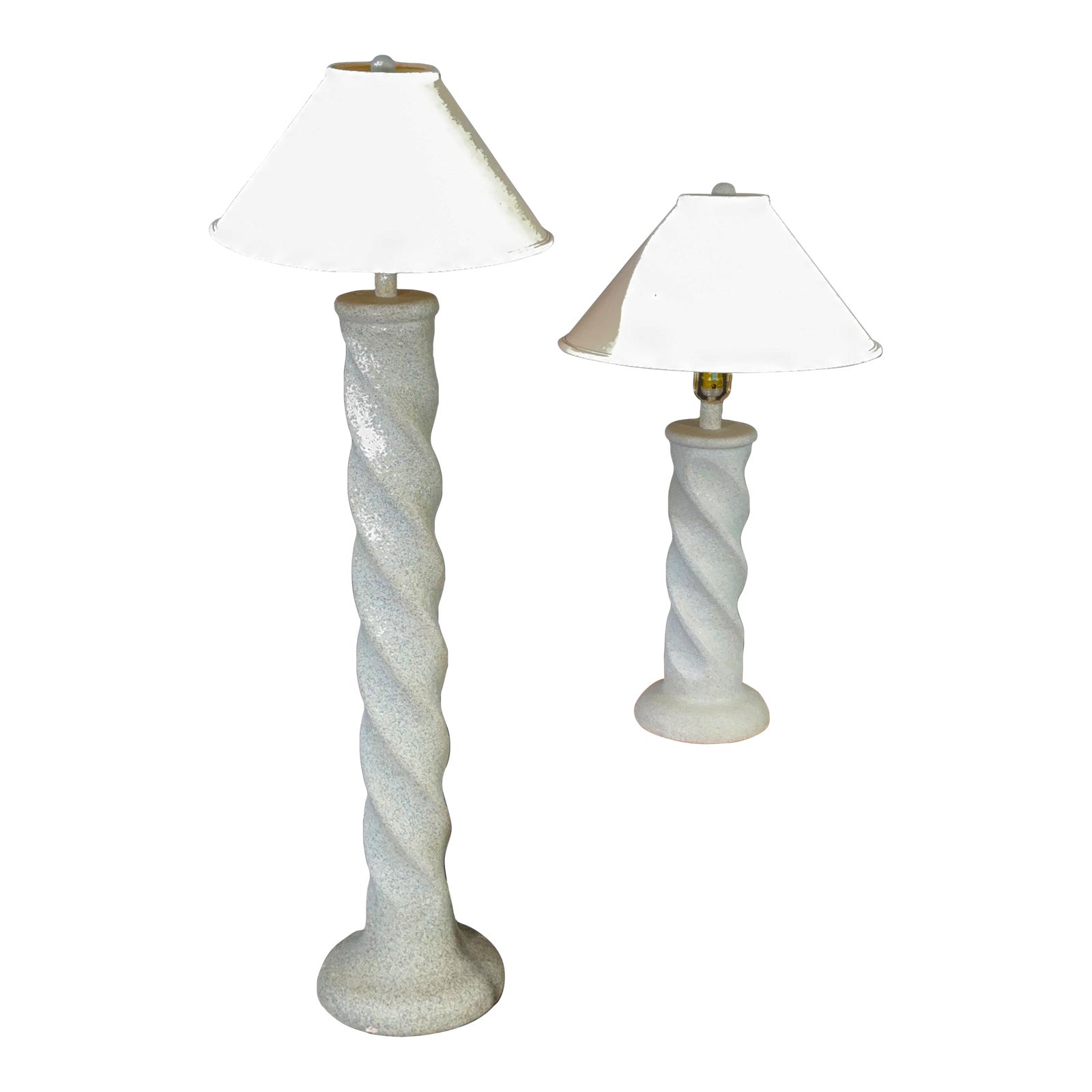 Michael Taylor Style Plaster Spiral Floor Lamp and Table Lamp Set With Shades, 1980s - A Pair
