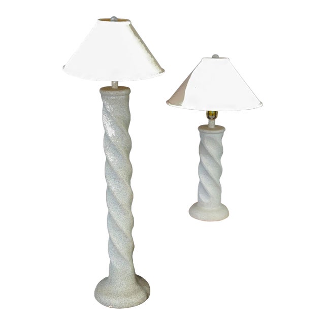 Michael Taylor Style Plaster Spiral Floor Lamp and Table Lamp Set With Shades, 1980s - A Pair For Sale