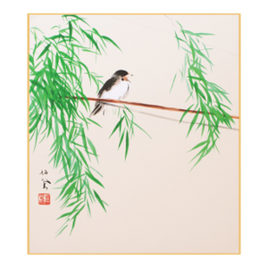 "Flycatcher", Heisei Era Japanese Silk Painting