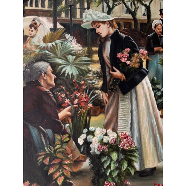 Figurative 1970s Vintage Bruce Figurative Floral Market Scene Oil on Canvas Painting For Sale - Image 3 of 10