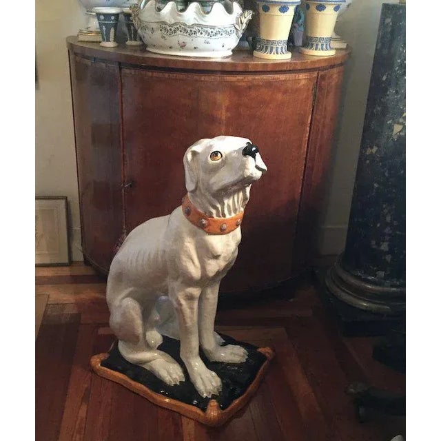 Large Hollywood Regency Glazed Terracotta Majolica Dog Statue For Sale - Image 11 of 13
