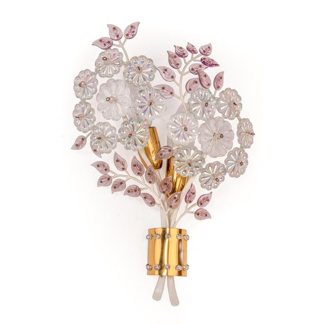 Gold Brass Wall Sconce with Crystal Flowers For Sale - Image 8 of 9