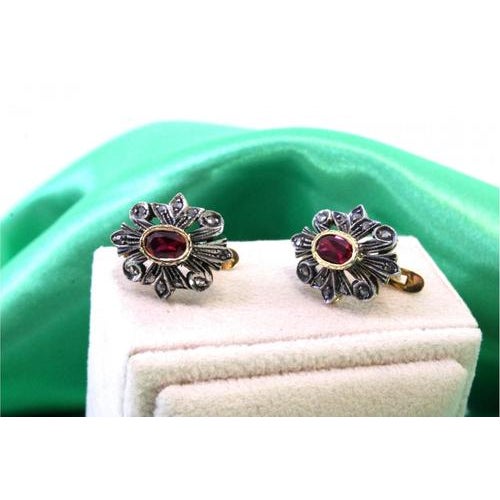 Gold and Silver Earrings with Diamond Chips and Synthetic Rubies, Set of 2 For Sale - Image 4 of 7