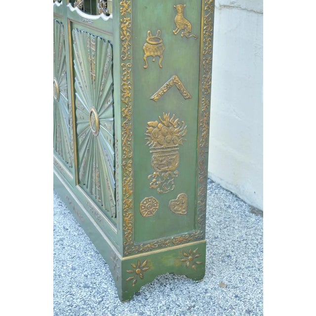 English Chinoiserie Green Distress Painted Tall George III Curio Display Cabinet For Sale - Image 12 of 12