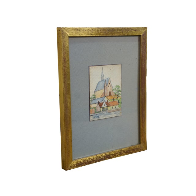 American Mid 20th Century Helen McRae Church Steeple Cityscape Watercolor Painting 9" For Sale - Image 3 of 8