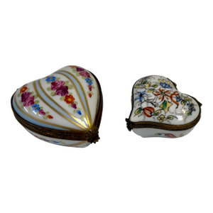 Vintage Limoges Porcelain Hand-Painted Heart Trinket Boxes - Set of 2