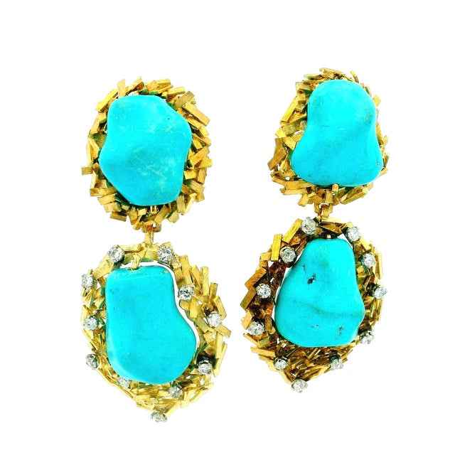Italian Modernist Turquoise Diamond Textured Gold Earrings, Circa 1970s, A Pair For Sale - Image 10 of 12