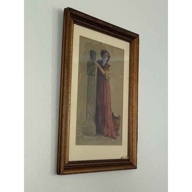 Elegant antique watercolor of a classical woman, capturing a quiet, timeless moment through flowing drapery and soft,...